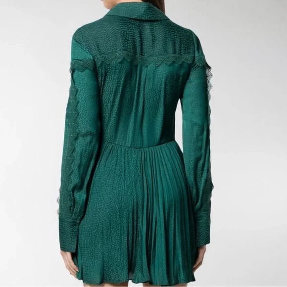 Self-Portrait Green Ruched Bishop Sleeve Lace Trim Dress NWT